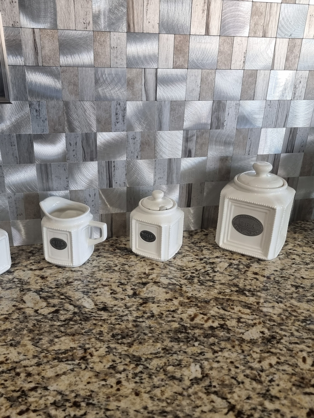 White Ceramic Kitchen Canister Set with Pewter Accent - Home Kitchen